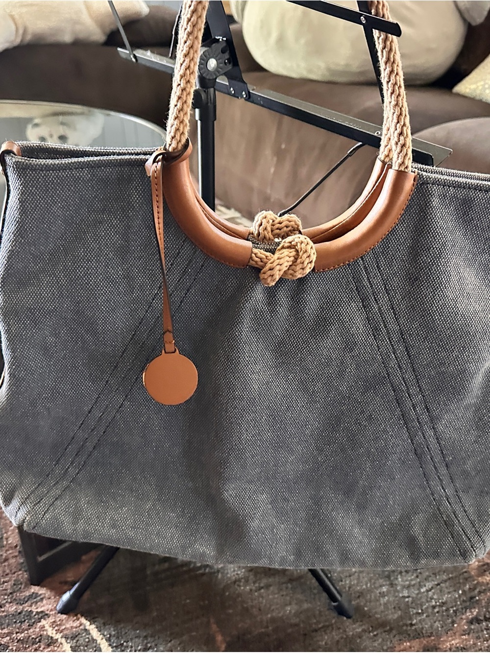 Michael Kors Gray Canvas Tote with Tan Rope Handles - Picture 6 of 7